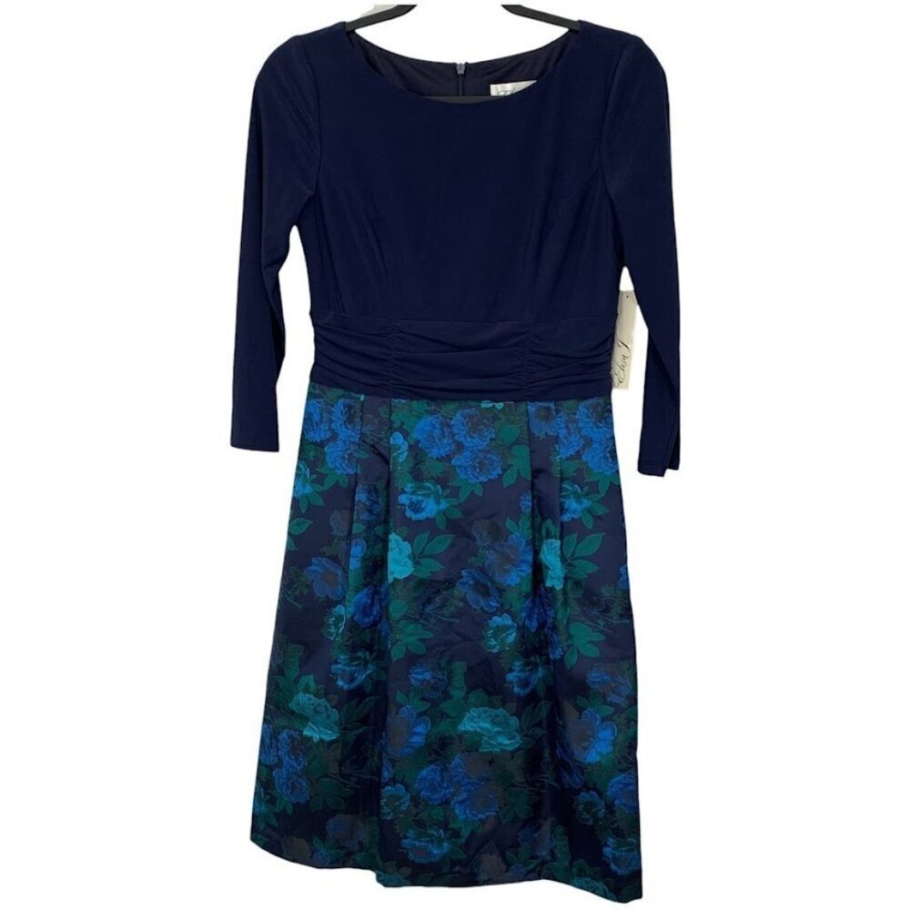 Eliza J Dress Fit and Flare Floral Jacquard Blue Green Size 4 Mixed Media